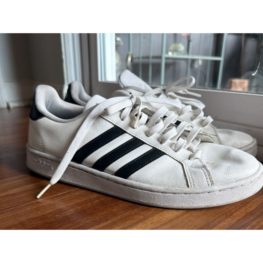 Adidas Men's Grand Court Base Leather Tennis Shoes White Black Stripe Size 11